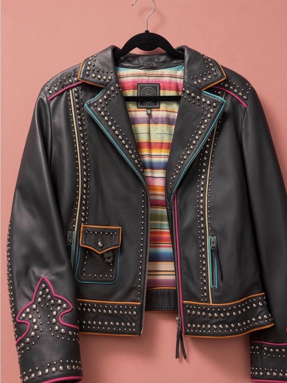 Double D Ranch Black Leather Biker Jacket studded colored pipping RTL $1295 1X